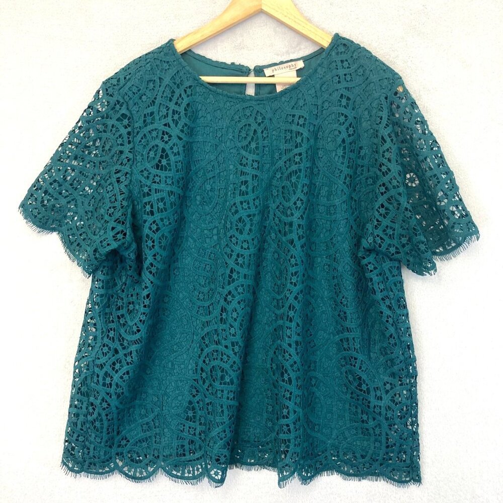Philosophy Womens Lace Blouse Size 2X Teal Green Embroidered Short Sleeve Office